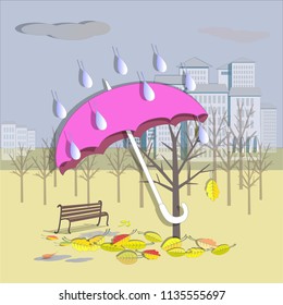  Illustration with purple umbrella on autumn park background. Vector illustration.