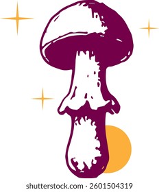 Illustration of a purple and white mushroom with gold stars and a yellow sun