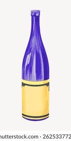 Illustration of a purple wine bottle with a yellow label. The wine bottle stands upright. The purple bottle has a glossy finish. Simple and elegant design. Vintage art illustration vector.