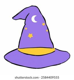 Illustration of a Purple Witch Hat with a Curved Tip, Perfect for Halloween and Fantasy Themes A mystical purple witch hat with a curled tip and buckle, ideal for Halloween, magic, and fantasy designs