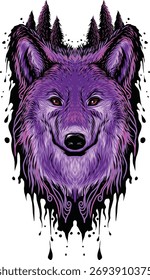 ilustração de um rosto de lobo roxo com uma visão de floresta por cima