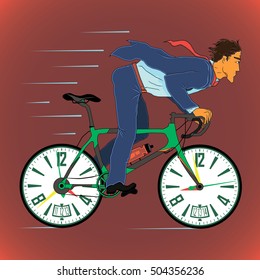 illustration with purposeful businessman on green bicycle of time on red background, concept of time and speed in business