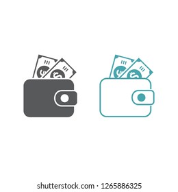 Illustration a purse with cash. Set of vector symbols. Good financial position. Flat design Monohrome