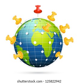 illustration of push pin on globe connected with each other showing networking