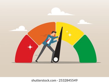 Ilustração do nível de habilidade Push, pontuação de crédito ou aumento de desempenho, melhoria ou esforço para ser melhor, excelente revisão de feedback de cliente, conceito de classificação de escala de gauge