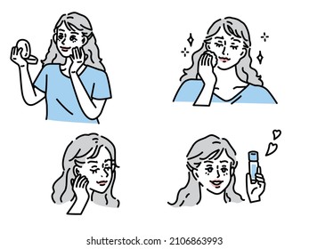 An illustration of putting on makeup.Moisturizing, skin care, rough skin, beautiful skin, cosmetics, lotion.