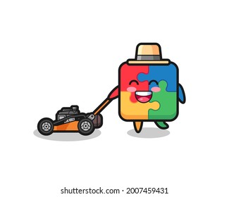 illustration of the puzzle character using lawn mower , cute style design for t shirt, sticker, logo element
