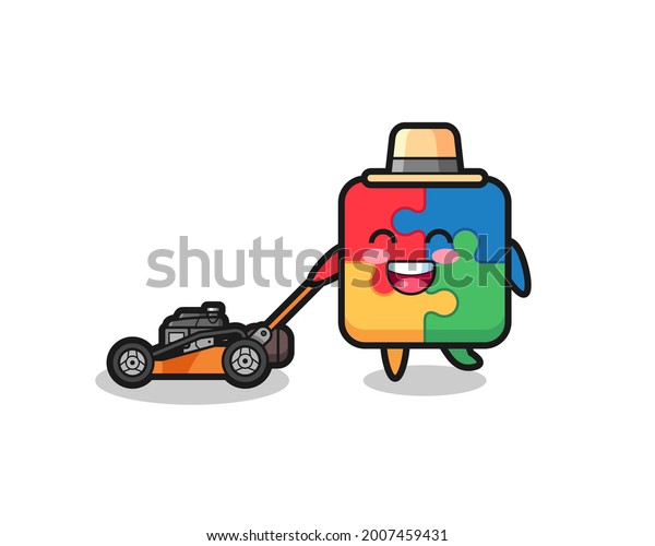 Illustration Puzzle Character Using Lawn Mower Stock Vector (Royalty