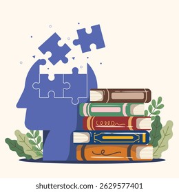 illustration of puzzle pieces connect with learning and knowledge concept. Stack of books, Pile of books vector illustration.