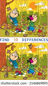 Illustration with a puzzle where you need to find ten differences in the pictures with children removing fallen leaves