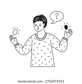 Illustration of a puzzled character weighing options. Black and white style. Represents decisionmaking with question mark and abstract symbols in the background.