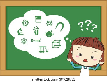 illustration of puzzled or confused girl with a set of education icons in bubble on the blackboard and question marks beside her head