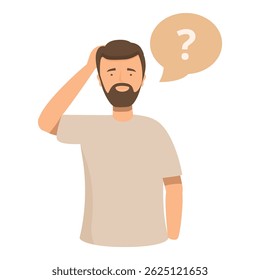 Ilustração de um homem intrigado coçando a cabeça com um ponto de interrogação de balão