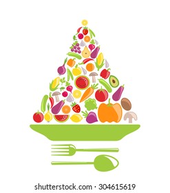 Illustration Pyramid of Vegetables and Fruits, Colorful Healthy Foods - Vector
