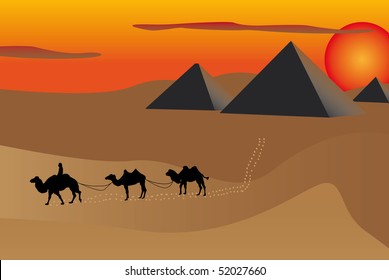 Illustration of pyramids and camels at sunset in Egypt.