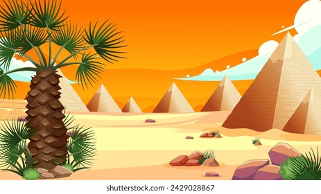 Abbildung von Pyramiden mit Palmen in einer Wüste