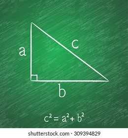 Illustration of the Pythagorean theorem on blackboard, chalk stained, 2d vector, eps 10. Texture on a separate layer