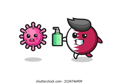 illustration of qatar flag badge character chasing evil virus with hand sanitizer , cute style design for t shirt, sticker, logo element