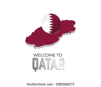 An illustration of Qatar flag in circle shape, map and welcome to Qatar word