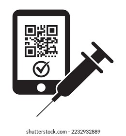 Illustration of QR code and inject icon with checklist showing that vaccine has been administered.