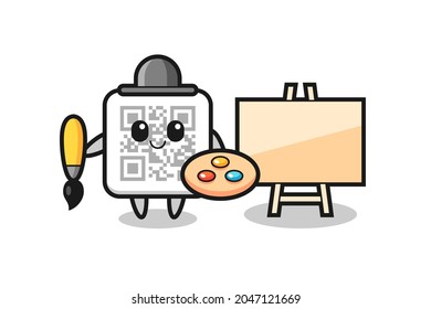 Illustration of qr code mascot as a painter , cute design