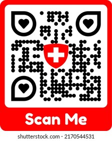 Illustration of QR Code of website www.ch.ch of Swiss government with coat of arms of Switzerland and heart symbols and text scan me. Illustration made June 16th, 2022, Zurich, Switzerland.