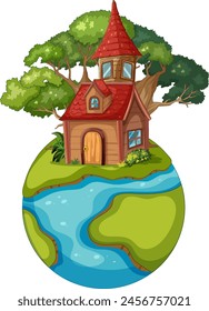Illustration of a quaint house on a small globe.