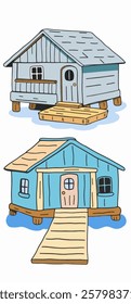 Illustration of a quaint pondside boathouse, perfect for storing fishing gear and small boats.