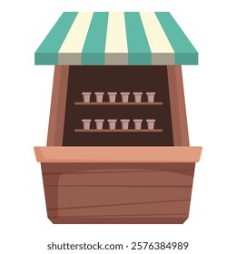 Illustration of a quaint wooden market stall with a green and white striped awning and empty shelves