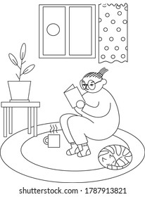 Illustration of a quarantined girl drinking tea and reading a book, with cat.