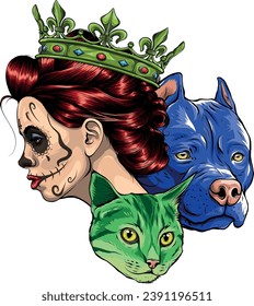 illustration of Queen of death with dog and cat head