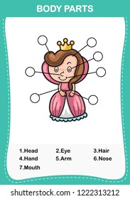 Illustration of queen vocabulary part of body,Write the correct numbers of body parts.vector