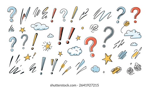 Illustration of Question and Exclamation Marks with Clouds and Stars