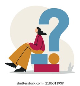 Illustration with a question mark. The girl in the illustration makes a decision.