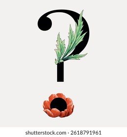 Illustration of a question mark with a leaf and a red flower. The question mark features a green leaf, and a red flower at the base. Artistic and symbolic design. Vintage font isolated vector.