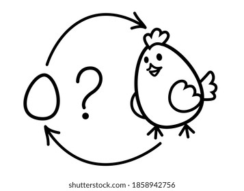 
ilustración a cuestionar: ¿qué apareció antes del pollo o del huevo? dibujo de línea negra