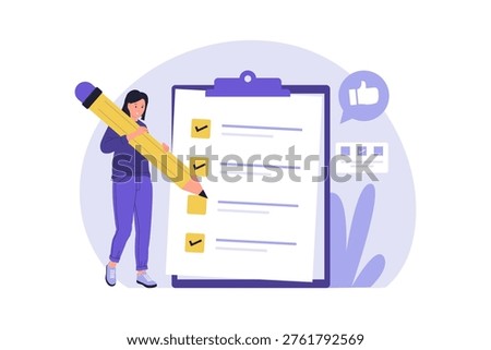 Illustration of Questionnaire Survey and Data Collection. Woman character filling out a large questionnaire form with a pencil for research and feedback collection