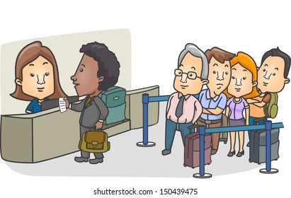 Illustration Of A Queue Of Passengers Lined Up In Front Of The Check-in Counter