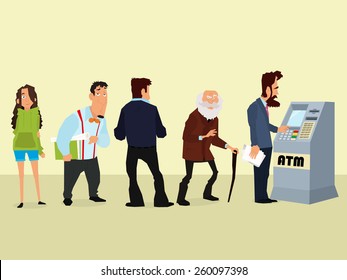 illustration of a queue of people to the ATM. vector.