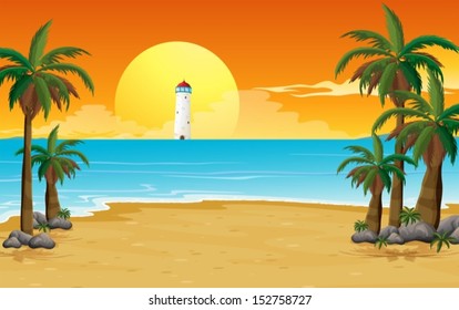 Illustration of a quiet beach with a lighthouse