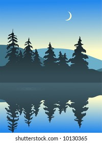Illustration of a quiet lake view. A sliver of a moon can be seen rising above the hills.