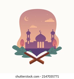 Ilustración del diseño plano del Corán aislado con fondo de mezquita - Diseño de la ilustración del vector Ramadan Kareem.