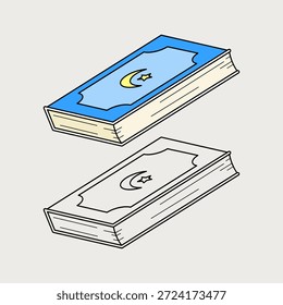 Ilustración del Corán en dos estilos diferentes. El libro sagrado del Islam. Tema del Ramadán. Ilustración vectorial.