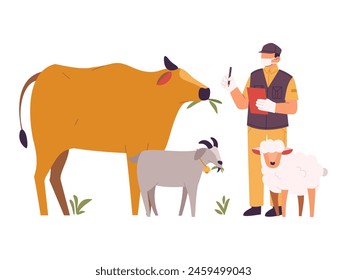 Illustration of Qurban Committee Checking Animals Health to Prepare and Celebrate Eid Al Adha in Flat Style