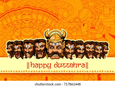 illustration of Raavana with ten heads for Navratri festival of India poster with Hindi text Dussehra