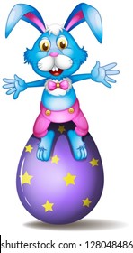 Illustration of a rabbit above an easter egg on a white background