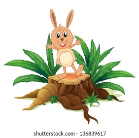 Illustration of a rabbit above a stump on a white background