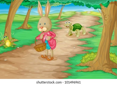 Illustration of rabbit and animals in the woods