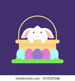 an illustration of a rabbit in a basket and surrounded by easter eggs. a rabbit that is cute, funny, and adorable. flat style. vector design element for easter day