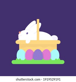 an illustration of a rabbit in a basket and surrounded by easter eggs. a rabbit that is cute, funny, and adorable. flat style. vector design element for easter day
